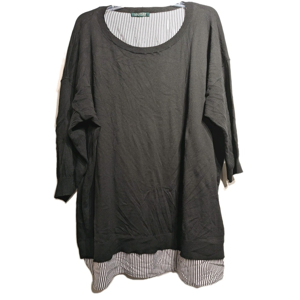 Lauren Ralph Lauren Sweater Tunic Women 3XL Black Shirtail Hem Scoop Neck Dolman